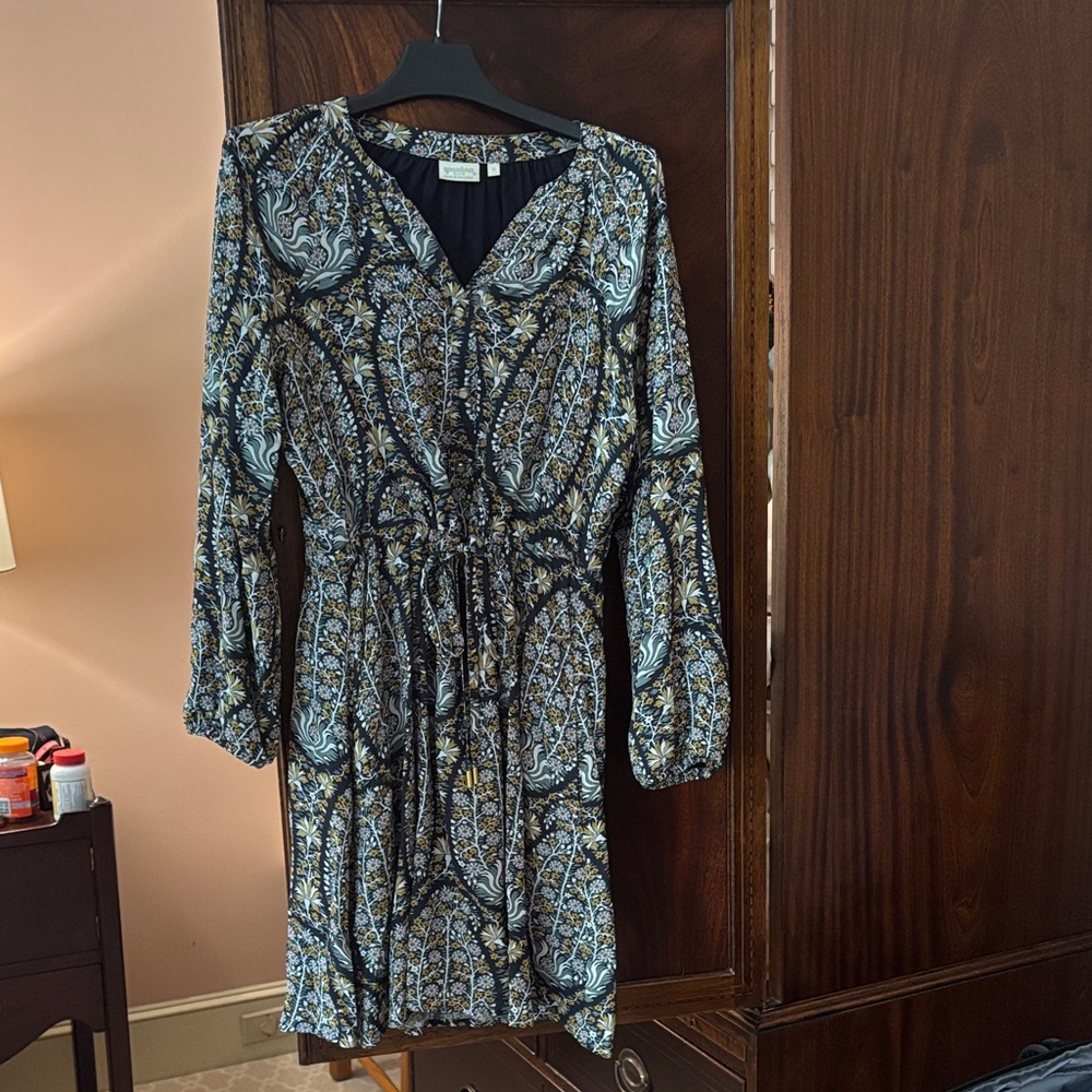 Spartina Boho Paisley Drawstring Waist Long-Sleeve Dress - Blue/Green/Black